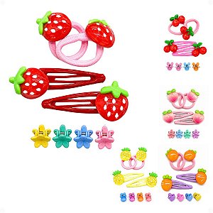 Kit Acessórios Para Cabelo Infantil Frutas: 1 Elástico, 2 Tic Tac e 4 Piranhas Df418-pr5210-3