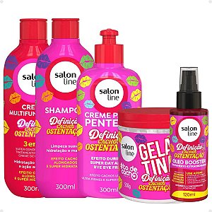 Kit Salon Line Definição Cachos Ostentação: Shampoo e Creme Multifuncional + Gelatina, Creme de Pentear 300ml e Óleo Booster