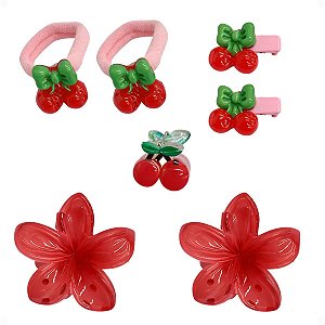 Kit Acessórios Para Cabelo Cereja: 2 Bicos De Pato, 2 Elásticos e 3 Piranhas Df418-pr5005-5