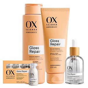 Kit Ox Science Mari Maria Hair Gloss Repair: Shampoo 250ml, Condicionador 200ml + Óleo 55ml + 3 Doses Concentradas