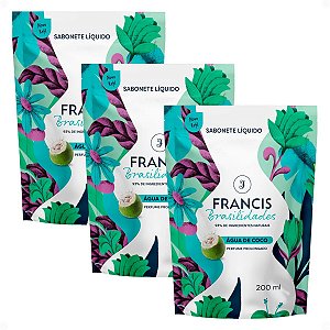 Kit Francis Refil Sabonete Líquido Corpo e Mãos Água De Coco 200ml Com 3