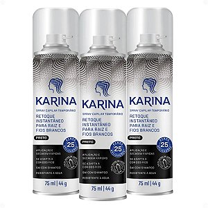 Kit Karina Retoque Capilar Temporário Raiz e Fios Brancos Preto 75ml Com 3