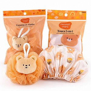 Kit Proart Mini Urso: Touca De Banho 2 Em 1 e Esponja de Banho