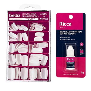 Kit Belliz: Tips Naturais Para Alongamento Belliz Quadrado Médio  Ref.1267 e Cola De Unhas 5g