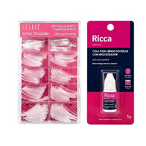 Kit Belliz: Tips Para Alongamento Belliz Fancy Transparentes 100 Unidades cód.1296  e Cola De Unhas 5g