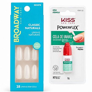 Kit Kiss New York: Unhas Postiças Broadway Classic Naturals Oval Longo e Cola De Unhas 3g
