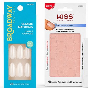 Kit Kiss New York: Unhas Postiças Broadway Classic Naturals Oval Longo e Aba Adesiva De Unha