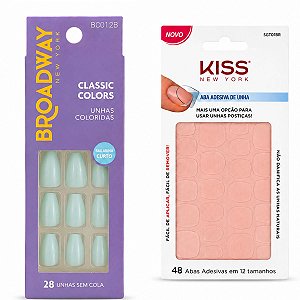 Kit Kiss New York: Unhas Postiças Broadway Classic Colors Bailarina Curto e Aba Adesiva De Unha