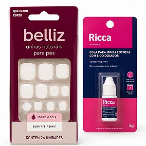 Kit Belliz: Unhas Postiças Para Pés Belliz Quadrado Curto e Cola De Unhas 5g