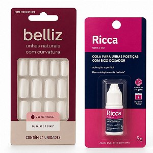 Kit Belliz: Unhas Postiças Naturais Belliz Com Curvatura e Cola De Unhas 5g