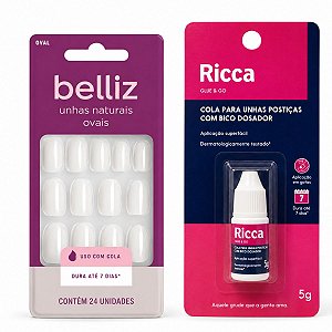 Kit Belliz: Unhas Postiças Naturais Belliz Ovais e Cola De Unhas 5g