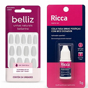 Kit Belliz: Unhas Postiças Naturais Belliz Bailarina e Cola De Unhas 5g