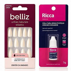 Kit Belliz: Unhas Postiças Naturais Belliz Stiletto e Cola De Unhas 5g