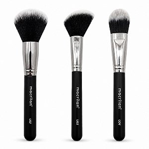 Kit Pincéis Macrilan Ultra Essencial: Base, Pó e Blush