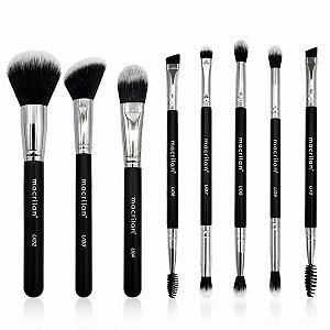 Kit Pincéis Macrilan Ultra Essencial: Base, Pó, Blush, Contorno e Iluminador, Corretivo e Precisão, Sombra e Esfumar, Esfumar e Chanfrado com Escova