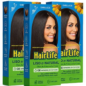 Kit Embelleze HairLife Liso e Natural Óleo de Girassol e Coco: 3 Creme Alisante Tioglicolato 80g