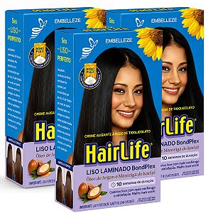 Kit Embelleze HairLife Liso Laminado BondPlex: 3 Creme alisante Tioglicolato 80g
