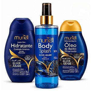Kit Completo Muriel Elixir Árabe: Body Splash, Loção Deo Hidratante 200ml e Óleo de Banho 230ml
