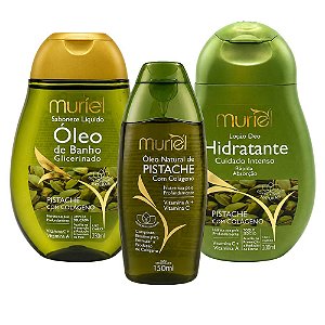 Kit Completo Muriel Pistache Com Colágeno: Óleo Natural, Loção Deo Corporal 200ml e Óleo de Banho 230ml