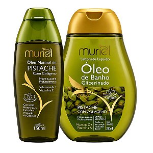 Kit  Muriel Pistache Com Colágeno: Óleo Natural Corporal 200ml e Óleo de Banho 230ml