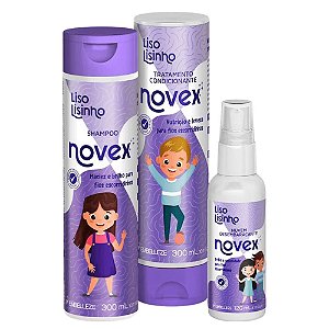 Kit Novex Liso Lisinho:Shampoo, Tratamento Condicionante 300ml e Spray Desembaraçante 120ml