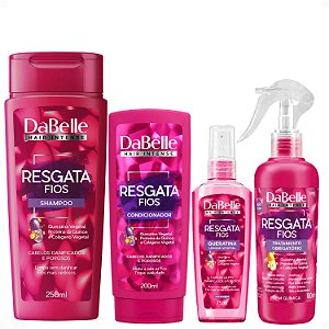 Kit DaBelle Resgata Fios: Shampoo 250ml e Condicionador 200ml + Queratina Líquida, Tratamento Obrigatório
