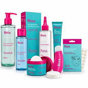 Kit Ricca Facial: Gel De Limpeza Profunda, Desobstrutor de Poros, Tônico, Disco e Gel Secativo + Mimo