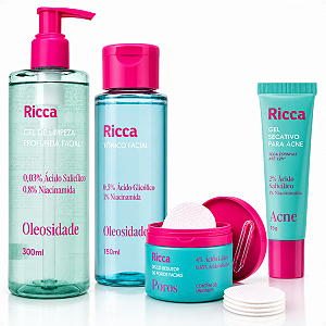 Kit Ricca Facial: Gel De Limpeza Profunda, Tônico, Disco Redutor de Poros e Gel Secativo