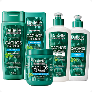 Kit DaBelle Cachos Da Onda: Shampoo 250ml, Condicionador 200ml, Máscara 400g, Ativador de Cachos 270ml e Gelatina 270ml