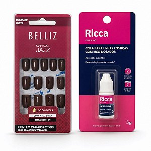 Kit Belliz: Unhas Postiças Quadrado Curto Marrom Jazz e Cola De Unhas Ricca 5g
