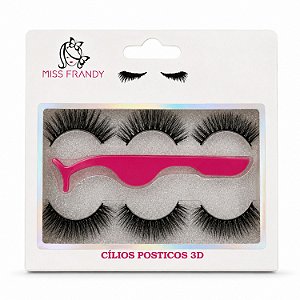 Kit Miss Frandy Cílios Postiços 3D Com 3 Pares e Pinça C21-01008