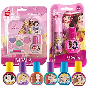 Kit Impala Disney Princesas: Kit De Maquiagem + 8 Esmaltes Infantil De 6ml e Brilho Labial