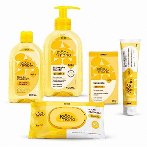 Kit Cimed João e Maria Baby: Sabonete Líquido 400ml, Óleo De Massagem 200ml, Lenço 45un, Sabonete Em Barra 75g e Creme Preventivo Para Assaduras 40g