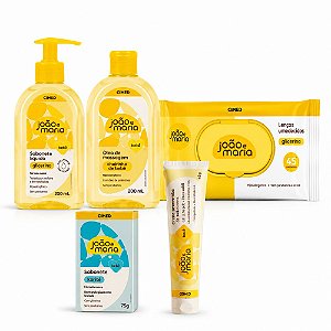 Kit Cimed João e Maria Baby: Sabonete Líquido 200ml, Óleo De Massagem 200ml, Lenço 45un, Sabonete Em Barra Karité 75g e Creme Preventivo Para Assaduras 40g