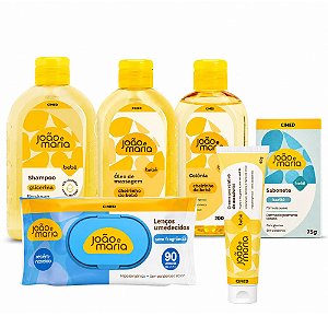 Kit Cimed João e Maria Baby: Shampoo 400ml, Óleo, Colonia 200ml, Sabonte Karité 75g,  Lenço Para Recém-nascido 90un e Creme Para Assaduras 40g