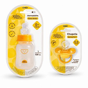 Kit Cimed João e Maria Baby: Mamadeira Fluxo Lento 120ml Para 0+Meses e Chupeta 0-6 Meses