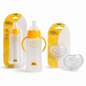 Kit Cimed João e Maria Baby: Mamadeira Fluxo Variável 360ml Para 0-6+Meses e Chupeta 0-6 Meses