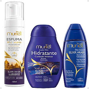 Kit Muriel Elixir Árabe:Espuma Hidratante 150ml, Óleo Corporal 100ml e Loção Deo Hidratante 200ml