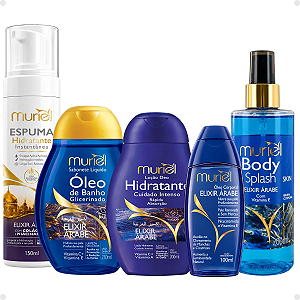 Kit Completo Muriel Elixir Árabe: Espuma Hidratante 150ml, Sabonete Líquido 200ml, Óleo Corporal 100ml e Body Splash 200ml