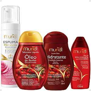Kit Muriel Rosa Mosqueta: Espuma Hidratante 150ml, Sabonete Líquido 230ml, Loção Deo Hidratante 200ml e Óleo Corporal 150ml