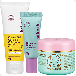 Kit Kokeshi:Creme Gel Gotas de Colágeno, Creme Hidratante Olhos De Gueixa 15g e Creme Facial Pele de Porcelana 30g
