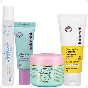 Kit Kokeshi: Adeus Olheiras 10ml, Creme Hidratante Olhos De Gueixa 15g, Creme Gel Gotas de Colágeno 45g e Creme Facial Pele de Porcelana 30g