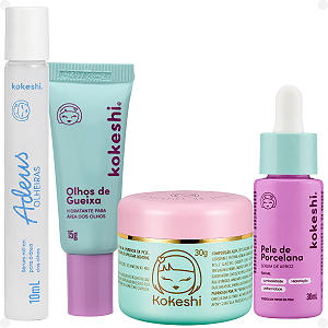 kit Kokeshi: Sérum Roll-On Adeus Olheiras 10ml, Creme Hidratante Olhos de Gueixa 15g, Creme Facial Pele de Porcelana 30g e Sérum Fácial de Arroz 30ml