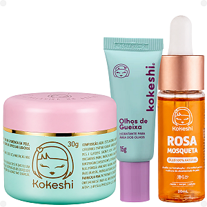 Kit Kokeshi:Creme Facial Pele De Porcelana 30g, Creme Hidratante Olhoes de Gueixa 15g e Óleo Natural Rosa Mosqueta 20ml