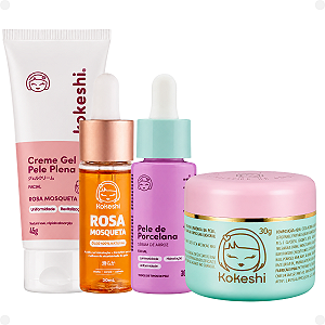 Kit Kokeshi:Sérum Facial De Arroz 30ml, Creme Facial O Milagre Do Arroz 30g,Óleo Natural Rosa Mosqueta 20ml e Creme Gel Pele Plena 45g