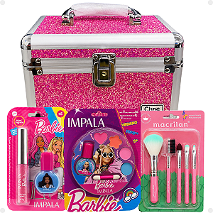 Kit Maquiagem Infantil Barbie CJT.3 Impala com Maleta Pink e Pincéis