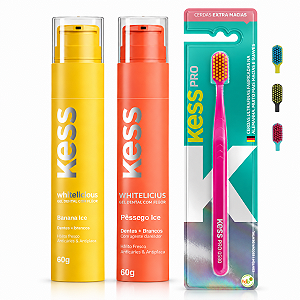 Kit Gel Dental Kess Whitelicious:Banana Ice e Pêssego Ice 60g + Escova Dental Kess Pro Cores Variadas 2087