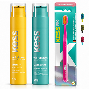 Kit Gel Dental Kess Whitelicious:Banana Ice e Classic Mint 60g + Escova Dental Kess Pro Cores Variadas 2087