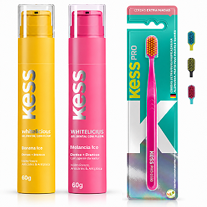 Kit Gel Dental Kess Whitelicious:Banana Ice e Melancia Ice 60g+Escova Dental Kess Pro Cores Variadas 2087