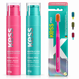 Kit Gel Dental Kess Whitelicious:Melancia Ice e Classic Mint 60g + Escova Dental Kess Pro Cores Variadas 2087
